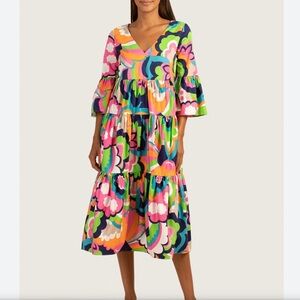 Trina Turk Flower Power Tiered Midi Dress Retro XS